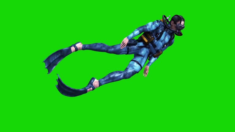 Diver Lateral Swimcycle Scuba Diving Cylinders Top Green Screen 3D Rendering Animation