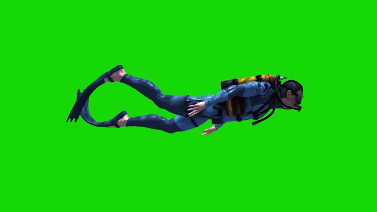 Diver Swimcycle Scuba Diving Cylinders Side Green Screen 3D Rendering Animation