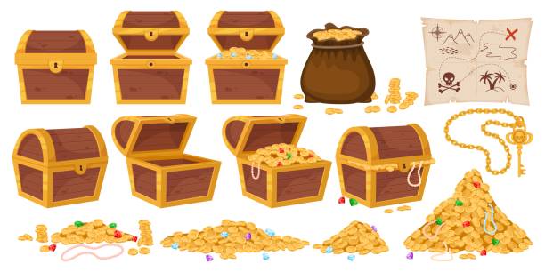 Treasure chest. Pirate wealth. Gold coins and diamonds. Corsair map. Opened and closed wooden containers. Ancient golden key. Empty and full boxes with jewelry gems. Recent vector set Treasure chest. Pirate wealth. Gold coins and diamonds heap. Corsair map. Opened and closed wooden containers. Ancient golden key. Empty and full medieval boxes with jewelry gems. Recent vector set key package stock illustrations