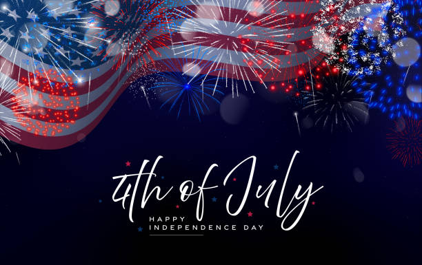 4. juli mit feuerwerk und fahne. unabhängigkeitstag der usa - 4th of july fireworks stock-grafiken, -clipart, -cartoons und -symbole