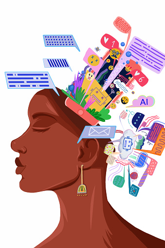Head portrait of a woman with social media icons and messages coming gout of her head