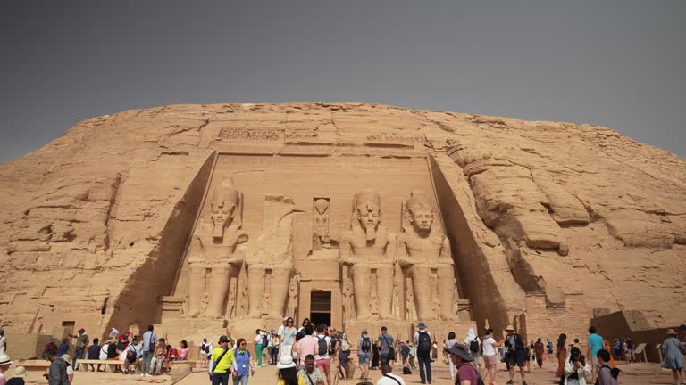 4k Video of The incredible Abu Simbel Temple rebuilt on the mountain in southern Egypt in Nubia next to Lake Nasser. Temple of Pharaoh Ramses II