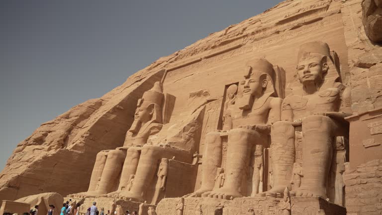 4k Video of The incredible Abu Simbel Temple rebuilt on the mountain in southern Egypt in Nubia next to Lake Nasser. Temple of Pharaoh Ramses II