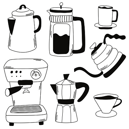 Set of coffee machine, press, moka pot, cup, kettle in doodle style. Icon collection for menu, coffee shop.