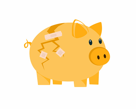 broken piggy bank and repair by aid bandage after recovery economy crisis investment concept vector illustration