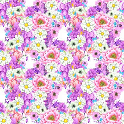 Hand drawn watercolor peony and anemone flowers bouquet seamless pattern isolated on white background. Can be used for textile, scrapbook and other printed products