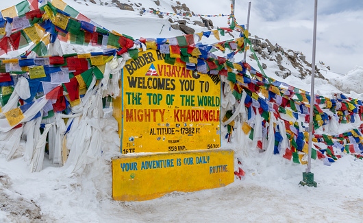 Top of the Khardung La pass in northern India in the Ladakh region near Leh