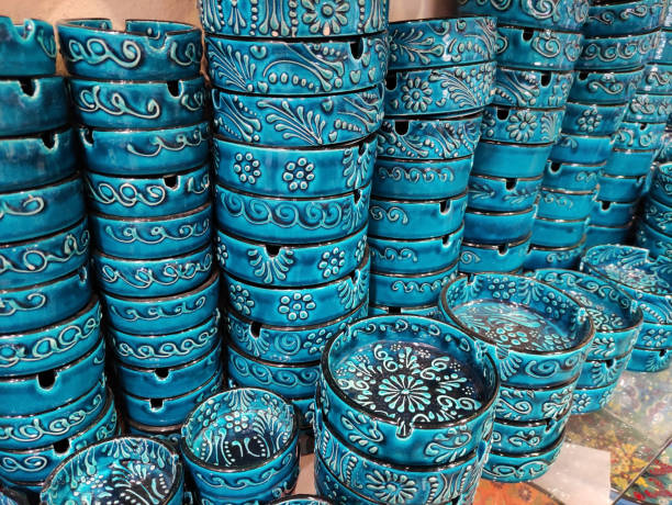 istock Blue ceramic plates with Arabic oriental ornaments on the shop window 2150661649