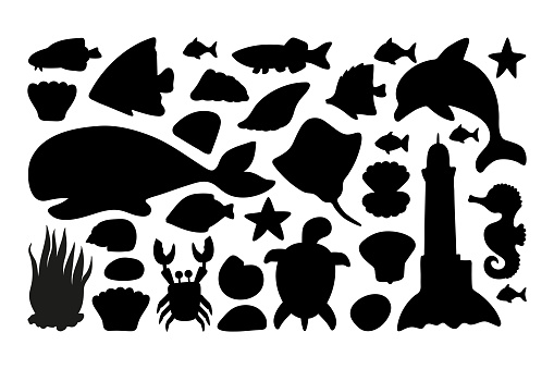 Vector sea set silhouette with dolphin, stingray, crab, turtle, fish, seashell and seahorse.