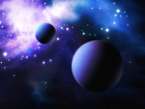 Exoplanets in space, beautiful alien worlds. Cosmos with nebula and stars. Constellations with planets.