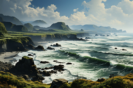 Scenic view of a rocky coastline with waves crashing onto the shore under a dynamic sky