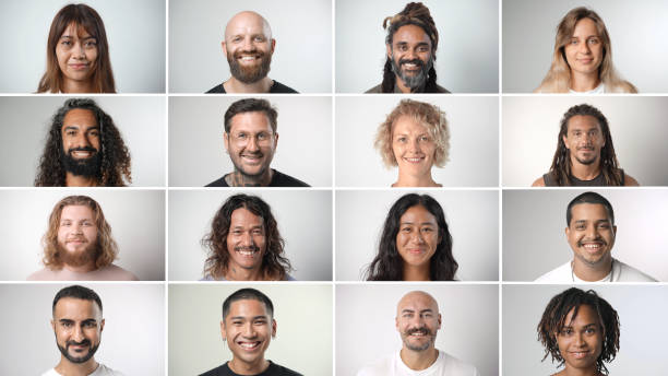 Many different multi ethnic people smile close up. Positive person look camera.