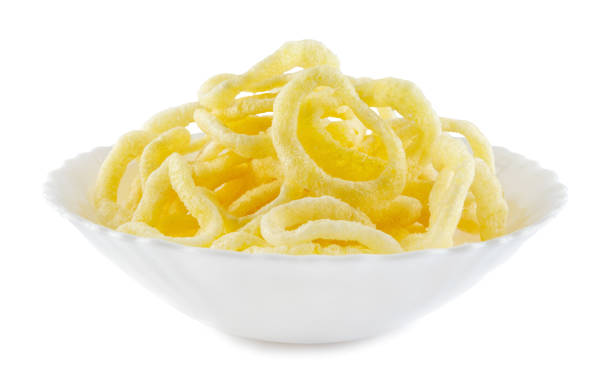 istock White bowl with onion ring chips isolated on a white background. 2150664677