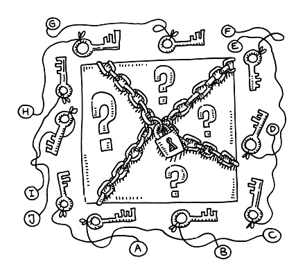 Hand-drawn vector drawing of a Puzzle with a Padlock, a chain And a Group Of Keys. Black-and-White sketch on a transparent background (.eps-file). Included files are EPS (v10) and Hi-Res JPG.