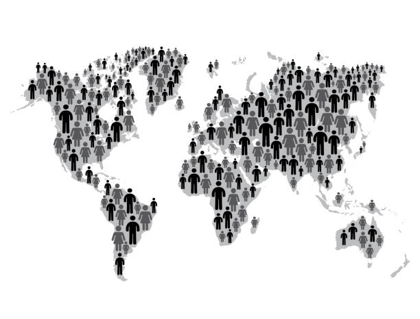 istock World Map. Large group of stickman figure people form to create a shape of World Map. vector illustration silhouettes. stock  modern illustration. Abstract  vector design of political world map with human silhouettes. 2150666170