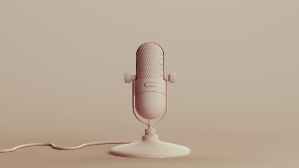 istock Microphone vintage podcast neutral backgrounds soft tones beige brown background clay sculpt 2150667016