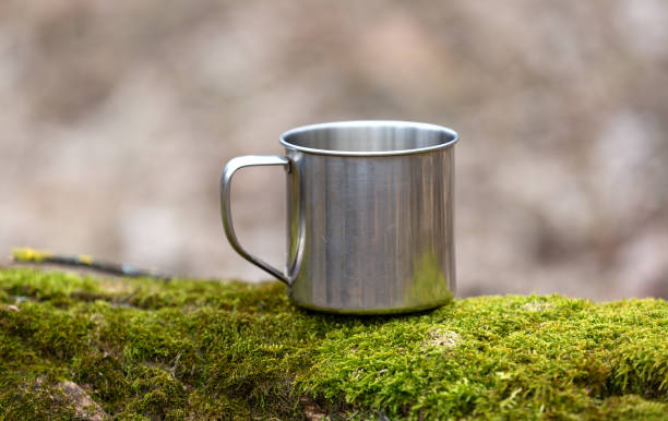 istock steel tourist mug on green moss 2150672250