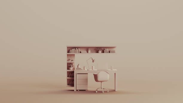 istock Office home studio space desk chair remote working neutral backgrounds soft tones beige brown 2150672566