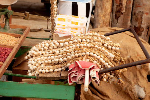 Strings of garlic on sale at an outdoor market in the city ofBaracoa on the eastern tip of Cuba