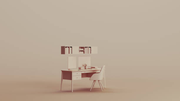 istock Office home studio space desk chair remote working neutral backgrounds soft tones beige brown 2150672600