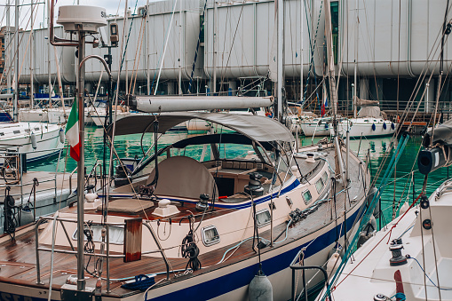 Port Antico of Genoa with yachts and boats. Genoa, Liguria, Italy 26.04.2024.