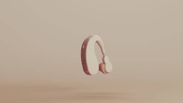 Hearing aid audio impairment device deafness neutral backgrounds soft tones beige brown quarter rear right view 3d illustration render digital rendering