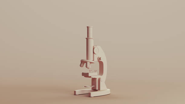 istock Microscope science laboratory equipment research neutral backgrounds soft tones beige brown background quarter view 2150673968