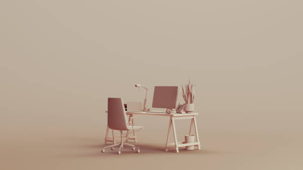 istock Office home studio space desk chair remote working neutral backgrounds soft tones beige brown 2150674715