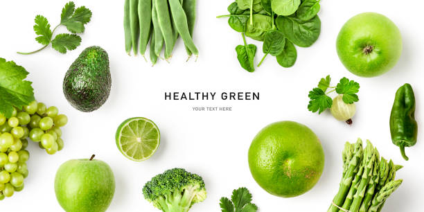 istock Green healthy fruit vegetable frame border isolated on white background 2150676640