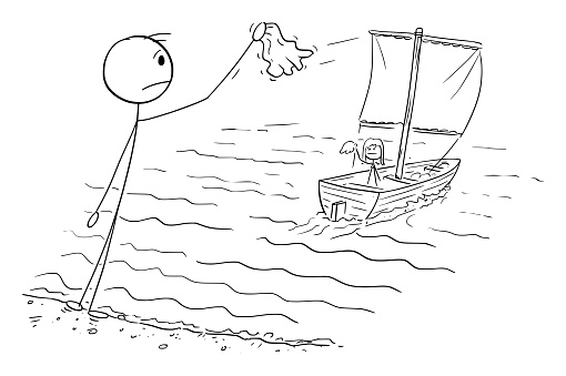 Boat sails away with woman, man waves and say goodbye, vector cartoon stick figure or character illustration.