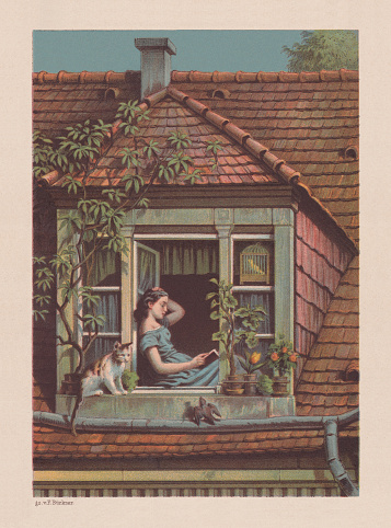 A young girl reads a book at the window of an attic room and enjoys the beautiful weather. Chromolithograph, published in 1879.