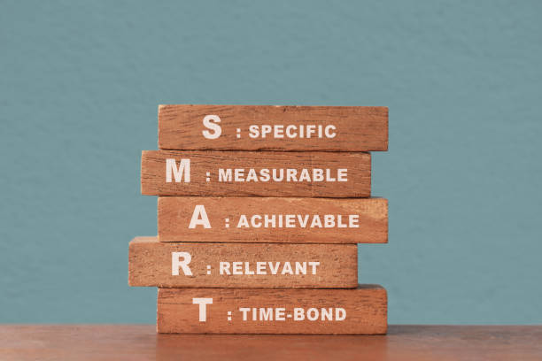 istock Smart goal for business strategy concept. specific, measurable, achievable, relevant and time-bound text on wooden block with blurred green concrete wall 2150678578