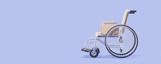 istock Beige leather wheelchair on blue empty copy space background 2150678902
