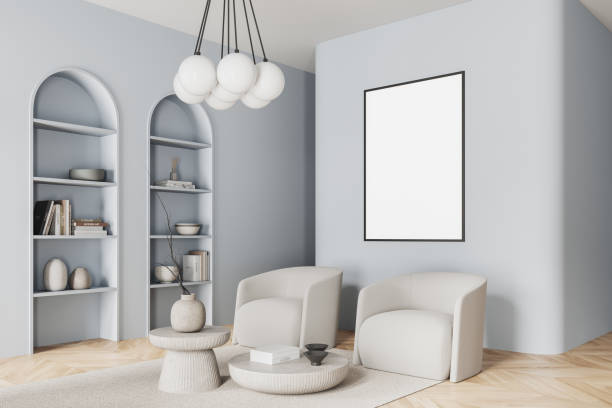 istock Colored home relax room interior couch and arched shelf with decor, mockup frame 2150678933