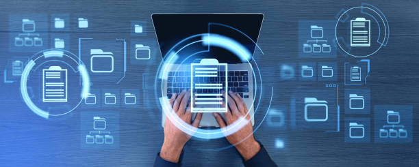 istock Top view of man typing on laptop keyboard, document management system hologram 2150679065