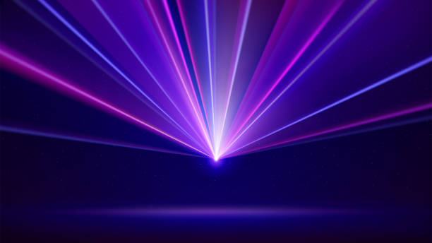 istock Laser light show. Bright led laser beams, dj light party. Illuminated blue pink stage, led strobe lights. Background, backdrop for displaying products. Vector illustration 2150679202
