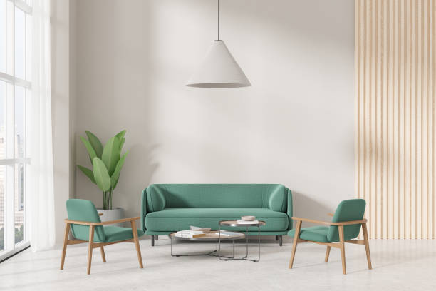 istock Modern home living room interior with couch and armchairs, panoramic window 2150679365