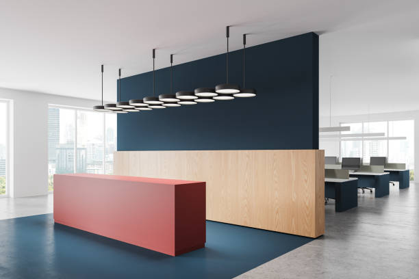 istock Colored office room interior with reception desk and coworking zone, window 2150679444