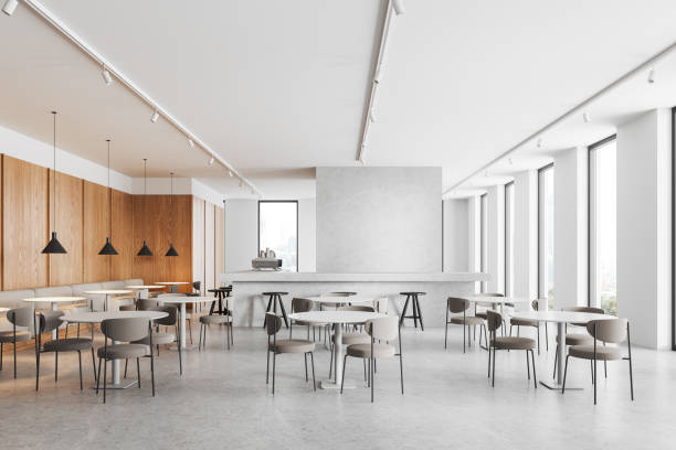 istock White and wooden restaurant interior 2150680594