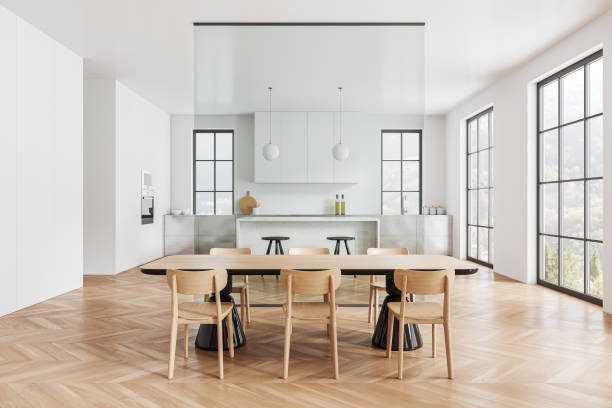 istock Luxury home kitchen interior with eating table, glass partition and bar counter 2150680658