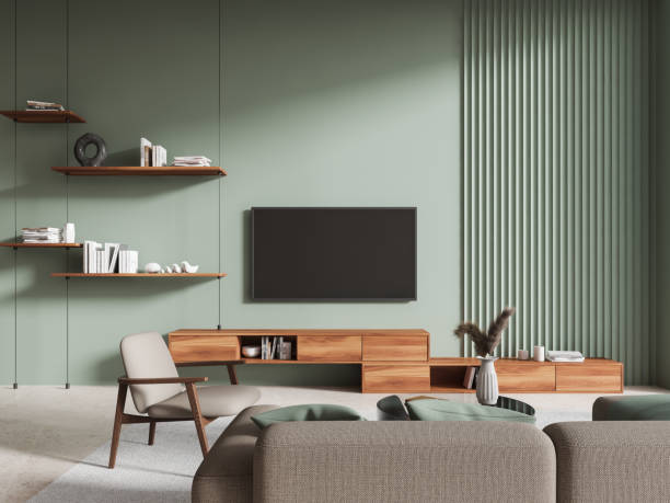 istock Green living room interior with couch and TV 2150680685