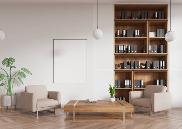 istock Stylish relax interior with armchairs and coffee table, shelf and mockup frame 2150680811