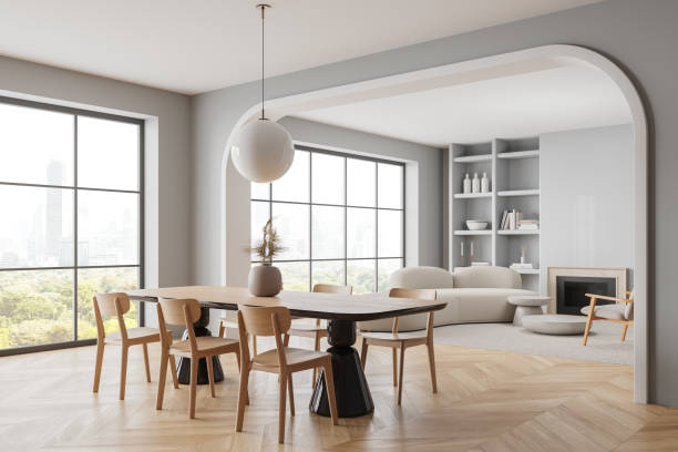 istock Luxury home living room interior with dining and chiling space, window 2150680864