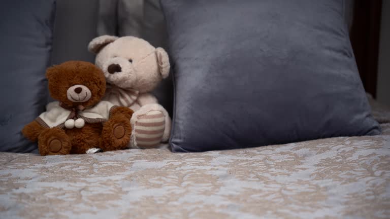 Two Teddy Bears on the double, grey bed. From left to right camera move.