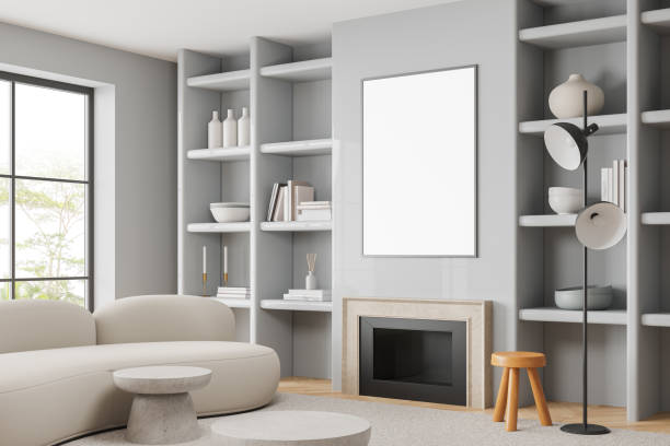 istock Gray living room corner with couch and poster 2150681176