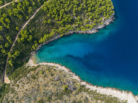 AERIAL TOP DOWN: Breathtaking drone view of a secluded rocky beach surrounded by verdant greenery of Dalmatia. Aerial point of view of turquoise water of the Adriatic near a remote beach in Hvar.