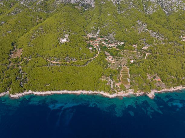 istock AERIAL: Charming coastal village in Adriatic with vineyards ascending hillside 2150681863