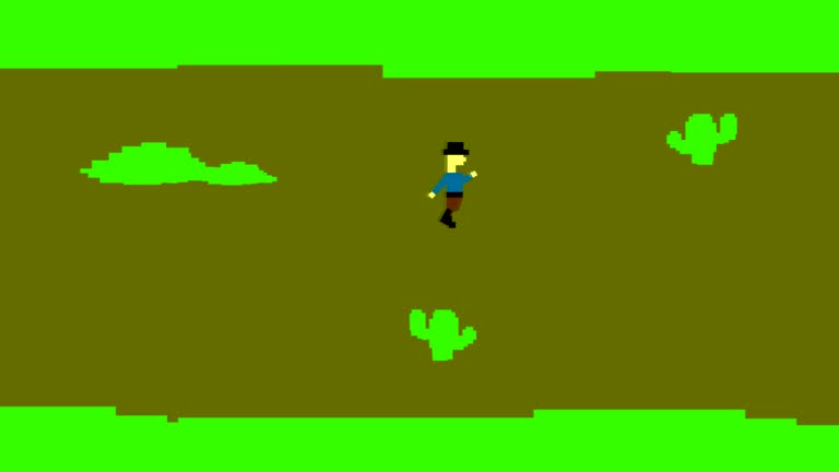 Animation of an old game in 8-bit pixel style, of men running and shooting each other, western, art.