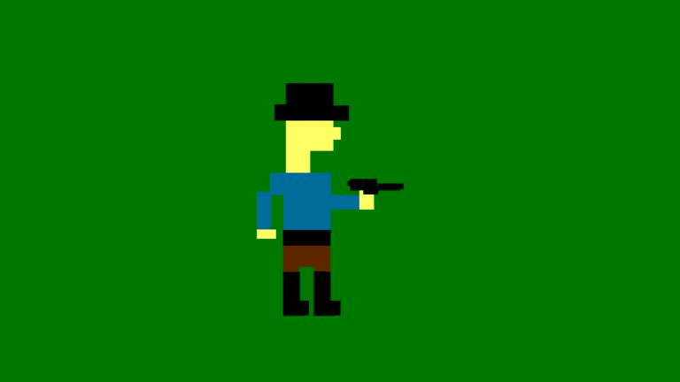 Animation of an old game in 8-bit pixel style, of men running and shooting, on green background.