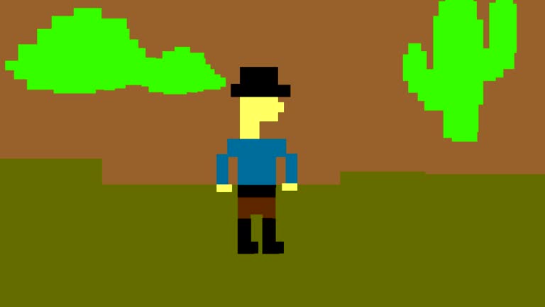 Animation of an old game in 8-bit pixel style, of men running and shooting, western.